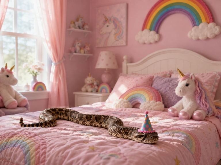 Rattlesnake wearing a party hat on a pink unicorn bed, symbolizing hidden danger in plain sight.