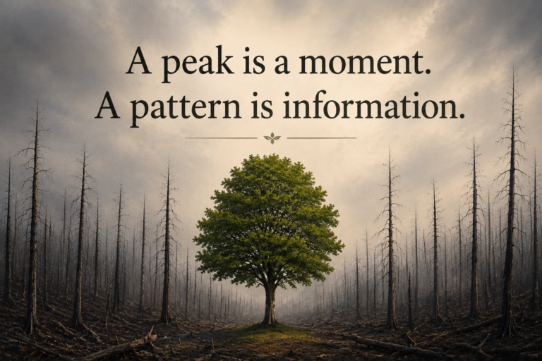 One healthy green tree standing in the middle of a forest of dead trees beneath the quote, “A peak is a moment. A pattern is information.”