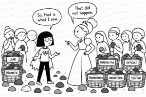 Black-and-white cartoon of a girl describing what she witnessed while a stern woman denies it. Villagers hold baskets of stones labeled liar, dramatic, selfish, ungrateful, and disrespectful, illustrating gaslighting and scapegoating.