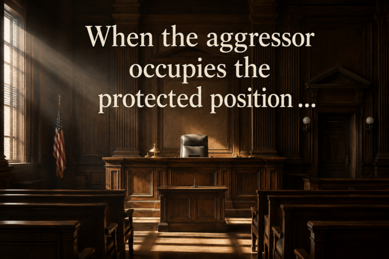 An empty courtroom with light shining across the judge's bench and the words, "When the aggressor occupies the protected position ..." superimposed over the image.