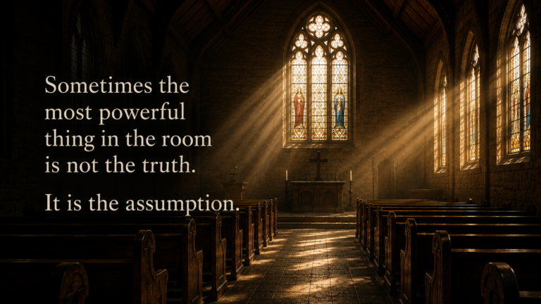 Empty church sanctuary with wooden pews, stained-glass windows, and sunlight illuminating an altar beneath a quotation about truth and assumption.