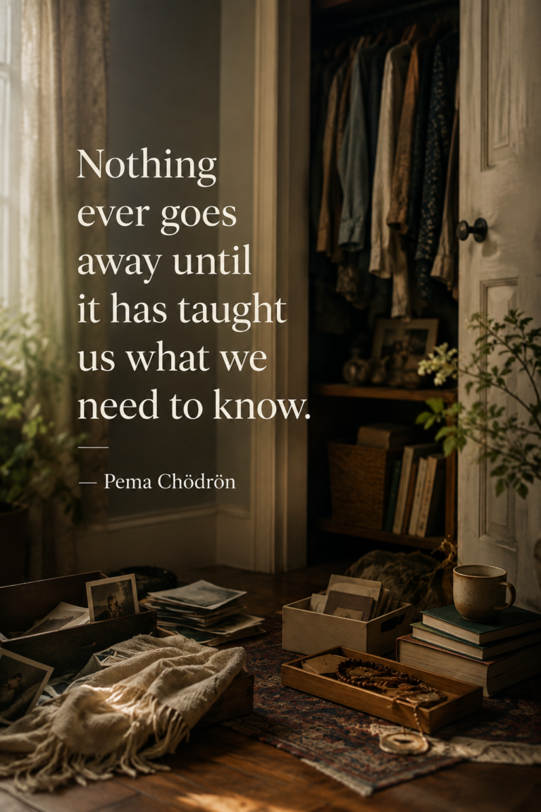 A warmly lit room with an open closet, hanging clothes, photographs, books, keepsakes, boxes, and a ceramic mug surrounding a scattered pile of personal belongings. The image includes the quote, "Nothing ever goes away until it has taught us what we need to know," by Pema Chödrön.