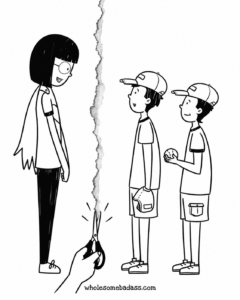 Black-and-white illustration of a mother separated from her two sons by a torn divide, while a hand with scissors cuts between them, symbolizing triangulation and parental alienation.