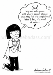 Black-and-white Wholesome Badass illustration of a woman kneeling in prayer with a thought bubble about making peace with unequal standards around failure.