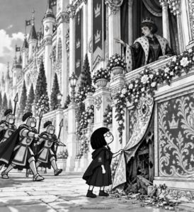Illustration of a queen in an ornate palace while a woman pulls back a curtain revealing rats hidden behind it.