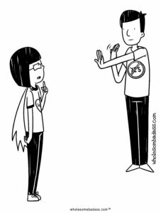 Black-and-white illustration of a girl facing a man whose right hand beckons her closer while his left hand signals stop.