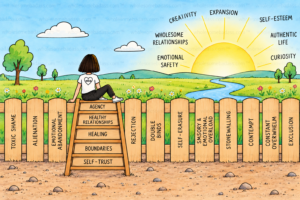 Little girl climbing a ladder over a wooden fence labeled with childhood emotional wounds. Dry, barren ground gives way to a green, hopeful landscape representing healing, freedom, and possibility.