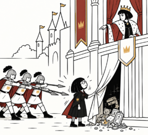 Illustration of a queen in an ornate palace while a woman pulls back a curtain revealing rats hidden behind it.