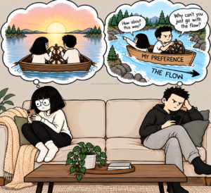 Two people sit apart on a couch. She imagines them steering a boat together. He imagines himself steering a boat labeled “MY PREFERENCE” along “THE FLOW,” dismissing her suggestion with, “Why can’t you just go with the flow?”