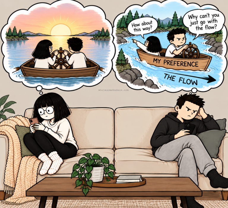 Two people sit apart on a couch. She imagines them steering a boat together. He imagines himself steering a boat labeled “MY PREFERENCE” along “THE FLOW,” dismissing her suggestion with, “Why can’t you just go with the flow?”