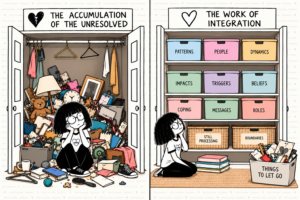 Split illustration of trauma integration. On the left, a distressed girl sits among a heap of clutter beneath “The Accumulation of the Unresolved.” On the right, she sits peacefully before organized bins labeled Patterns, People, Dynamics, Impacts, Triggers, Beliefs, Coping, Messages, Roles, Boundaries, and Still Processing. A separate bin reads “Things to Let Go.” Copy alt text