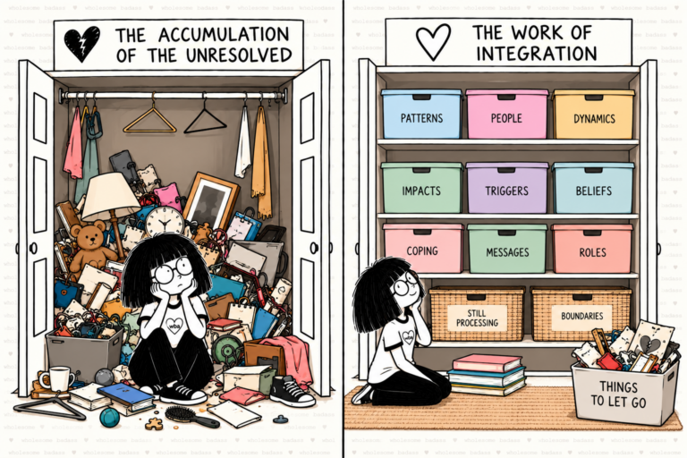 Split illustration of trauma integration. On the left, a distressed girl sits among a heap of clutter beneath “The Accumulation of the Unresolved.” On the right, she sits peacefully before organized bins labeled Patterns, People, Dynamics, Impacts, Triggers, Beliefs, Coping, Messages, Roles, Boundaries, and Still Processing. A separate bin reads “Things to Let Go.” Copy alt text