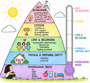 Maslow’s hierarchy of needs with a little girl at the bottom and a thermometer showing only physiological needs fulfilled. Safety, belonging, esteem, and self-actualization remain unrealized.