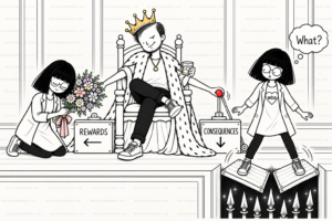 A crowned man sits on a throne, rewarding a favored woman with flowers while directing another woman toward a dangerous trap labeled “Consequences.” The image illustrates favoritism, othering, and emotional violence.