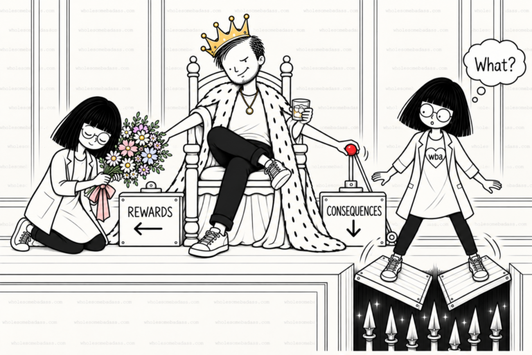 A crowned man sits on a throne, rewarding a favored woman with flowers while directing another woman toward a dangerous trap labeled “Consequences.” The image illustrates favoritism, othering, and emotional violence.