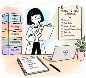 Illustration of a woman studying healthy and unhealthy relationship patterns, with books, notes, a laptop, and a checklist of therapy, support groups, and other learning resources.